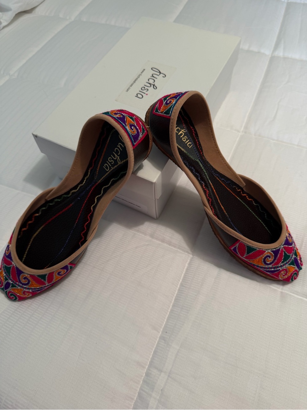 Colorful Embroidered Pointed D'Orsay Flats - Multicolor Pink/Brown